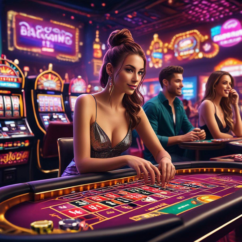 A dynamic scene depicting an electrifying online gambling environment, featuring a virtual casino with glowing slot machines, poker tables with animated cards, and a diverse group of excited players engaging in various games. In the background, digital screens display thrilling jackpots and odds, while vibrant neon lights illuminate the space. The atmosphere should convey excitement and anticipation. super-realistic. vibrant colors. dark background.
